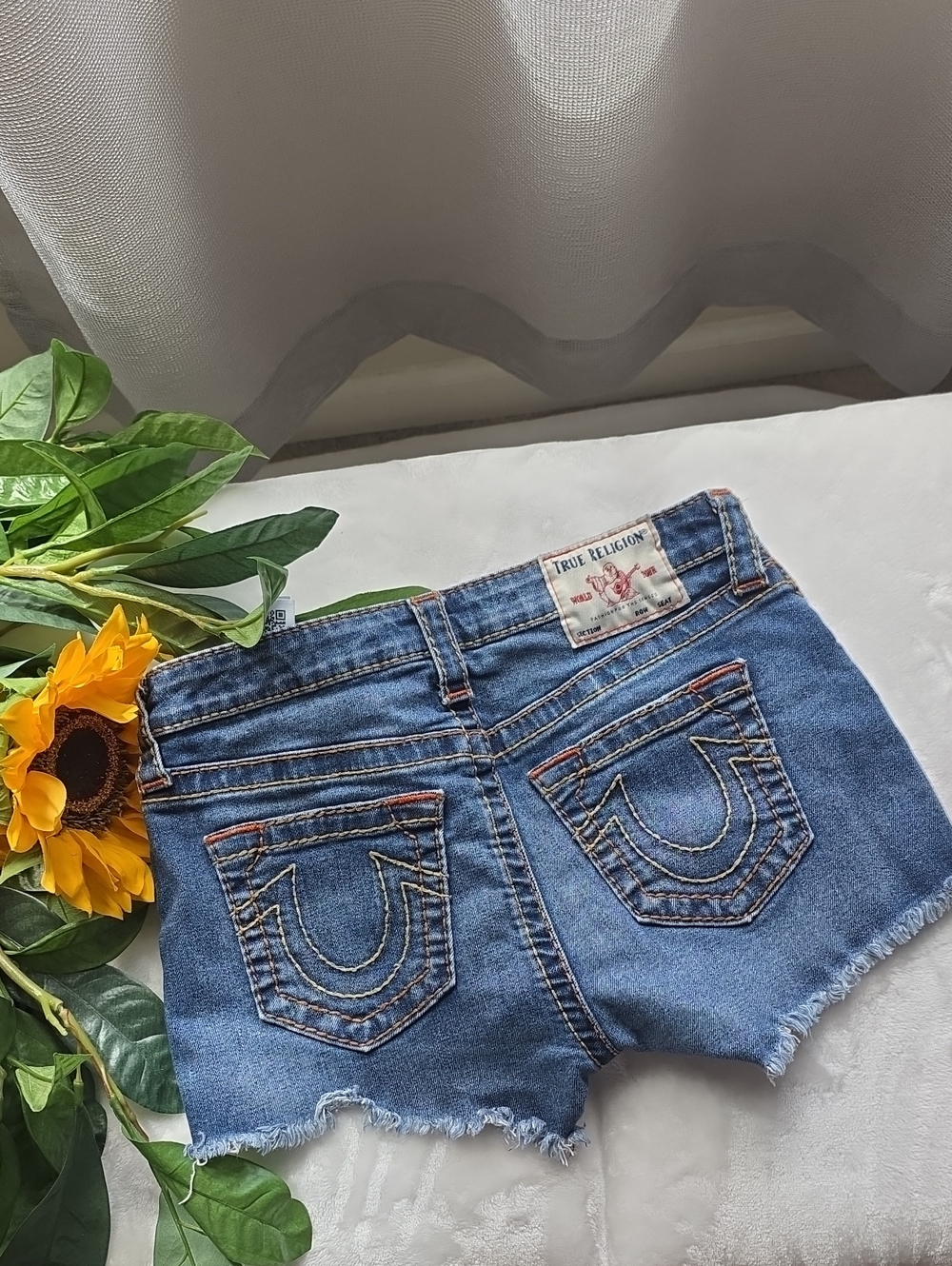 True Religion Women's Blue Denim Cutoff Shorts with Horseshoe Stitching